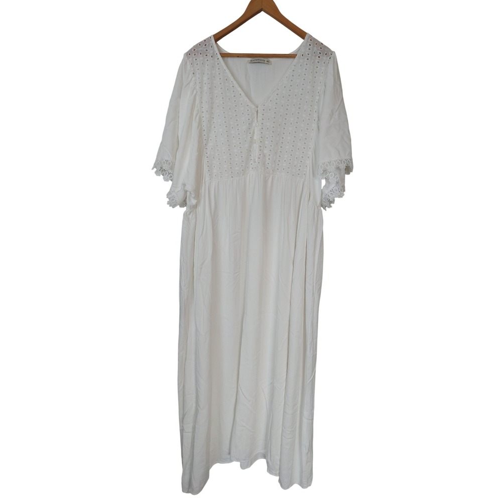 Rusttydustty White Eyelet Lace Maxi Dress Size 4XL Boho V-Neck Shortsleeve